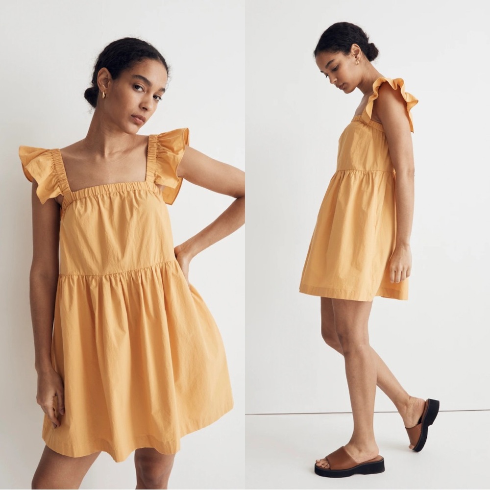 Madewell Flutter-Sleeve Square-Neck Mini Dress Autumn Wheat - L